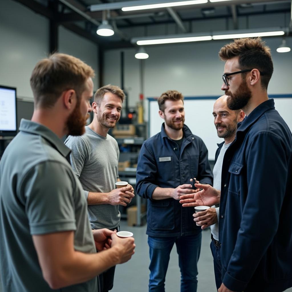 Fünf Männer stehen in einem Innenraum im Kreis, unterhalten sich und lächeln - einige halten Kaffeetassen in der Hand. Sie wirken entspannt in einem modernen Arbeitsraum, typisch für eine technische Fachkraft oder einen Industriemeister IHK des Meisterjahres 2026, mit Regalen und Geräten im Hintergrund. IFF Institut für Fach- und Führungskräfte