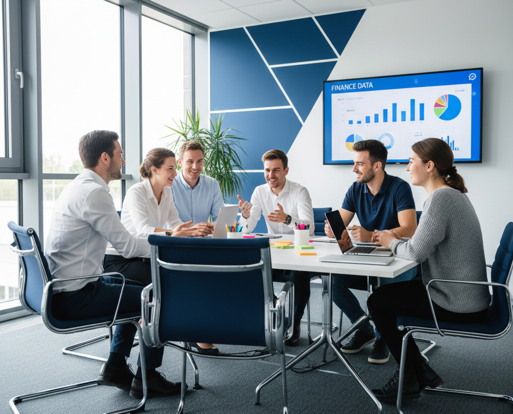 Sechs Personen, darunter eine kaufmännische Fachkraft und ein Fachwirt IHK, sitzen um einen Konferenztisch in einem modernen Büro und diskutieren konzentriert. Auf dem Bildschirm hinter ihnen werden Finanzdaten und Charts angezeigt. IFF Institut für Fach- und Führungskräfte